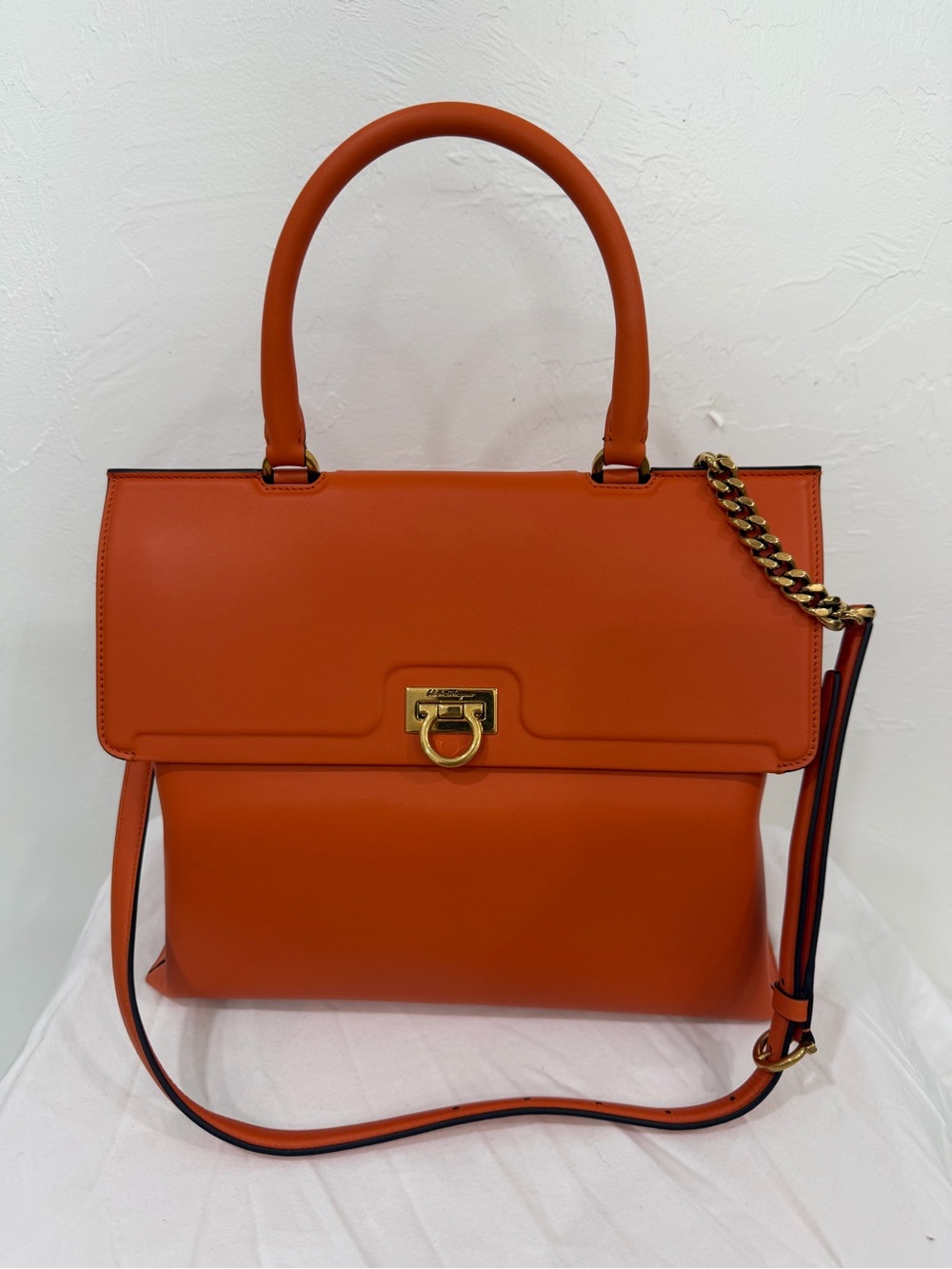 Salvatore Ferragamo Orange Leather Top-Handle Satchel with Chain Accent
